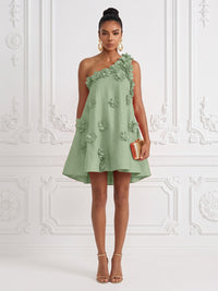 Cotton Linen Shift Dresses One Shoulder Short-Length Cocktail Dresses with 3D Flowers