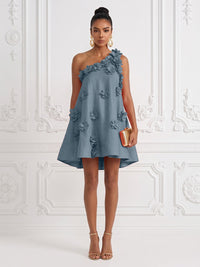 Cotton Linen Shift Dresses One Shoulder Short-Length Cocktail Dresses with 3D Flowers
