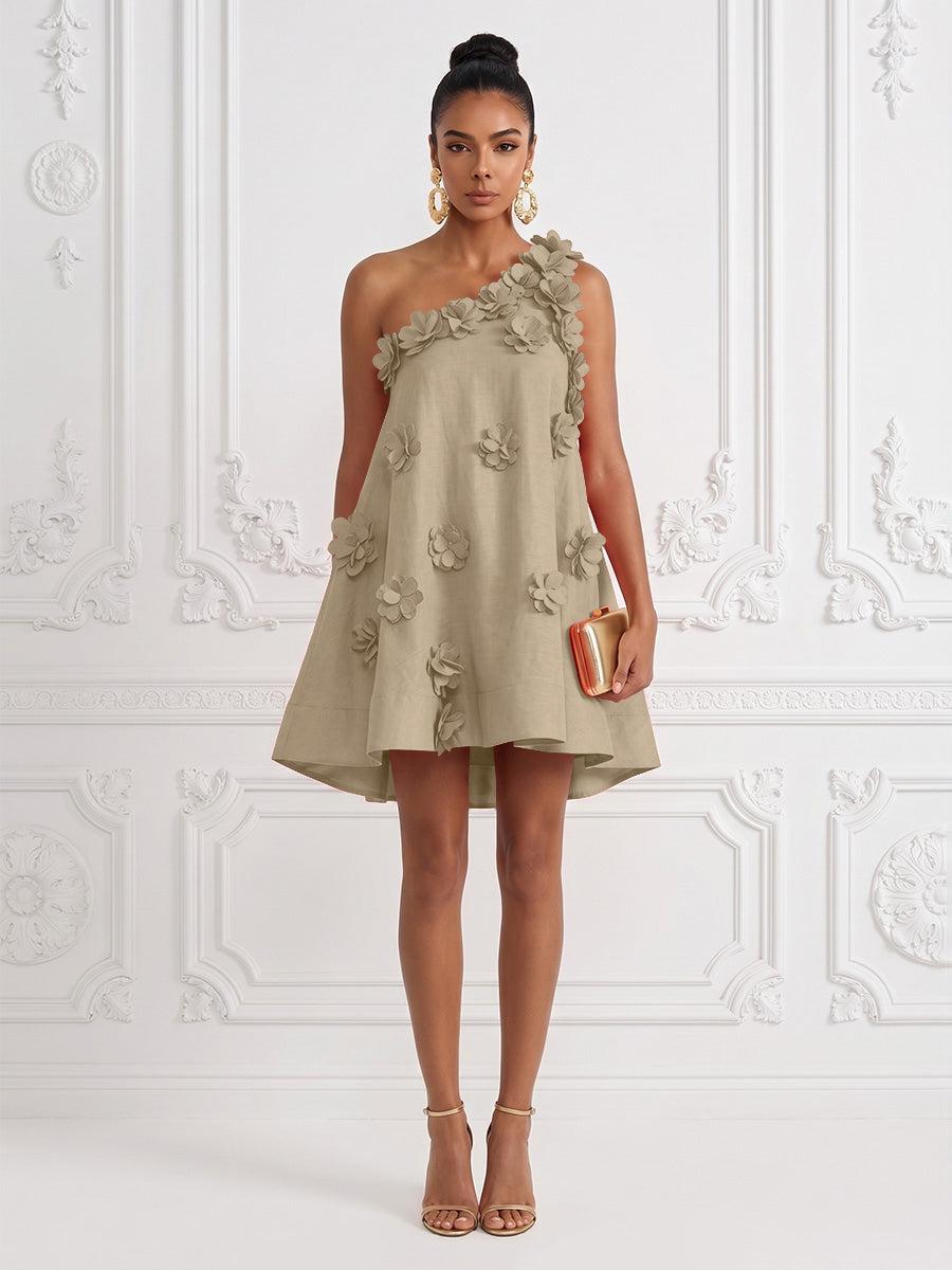 Cotton Linen Shift Dresses One Shoulder Short-Length Cocktail Dresses with 3D Flowers