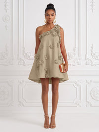 Cotton Linen Shift Dresses One Shoulder Short-Length Cocktail Dresses with 3D Flowers