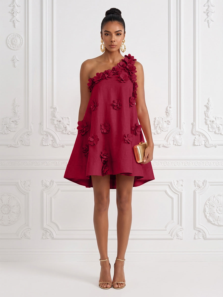 Cotton Linen Shift Dresses One Shoulder Short-Length Cocktail Dresses with 3D Flowers