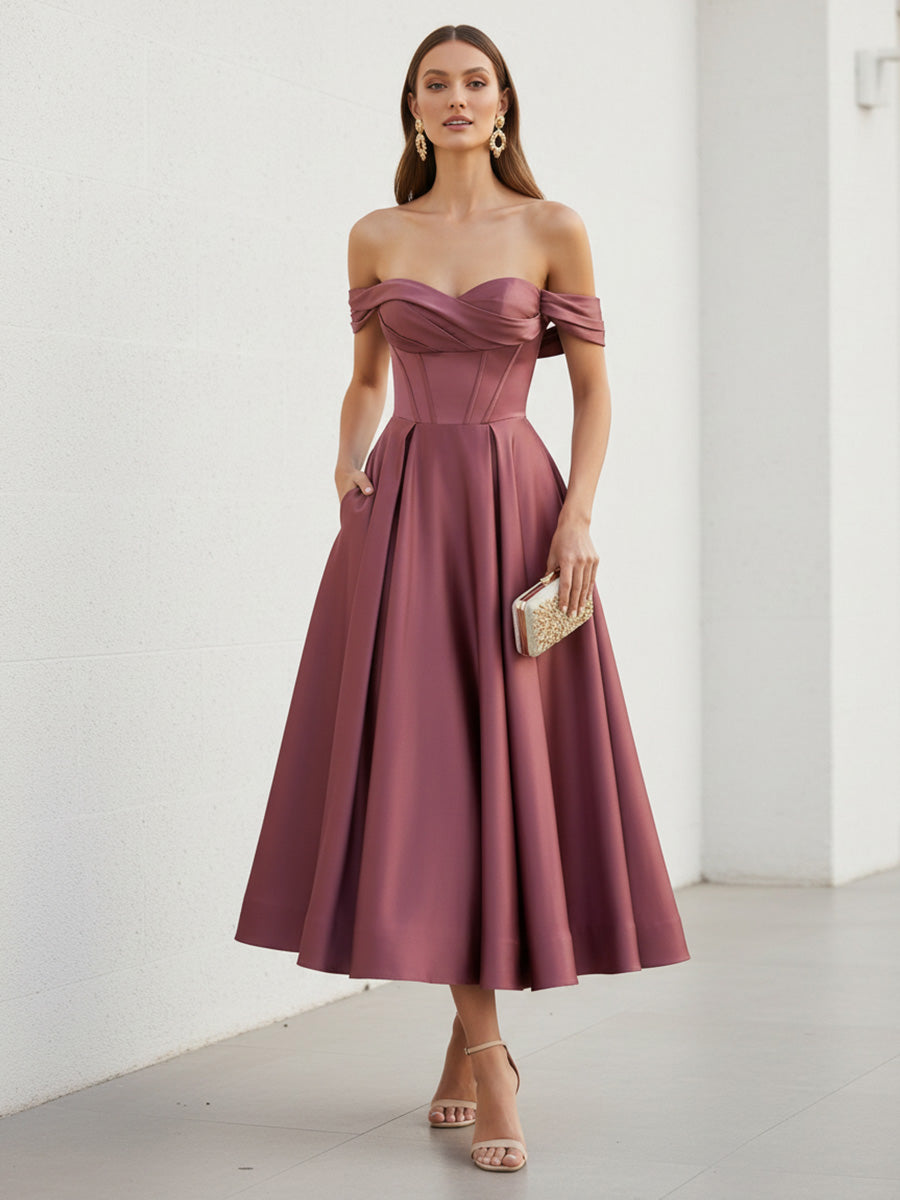 Satin A-Line/Princess Off Shoulder Tea-Length Cocktail Dresses with Pockets