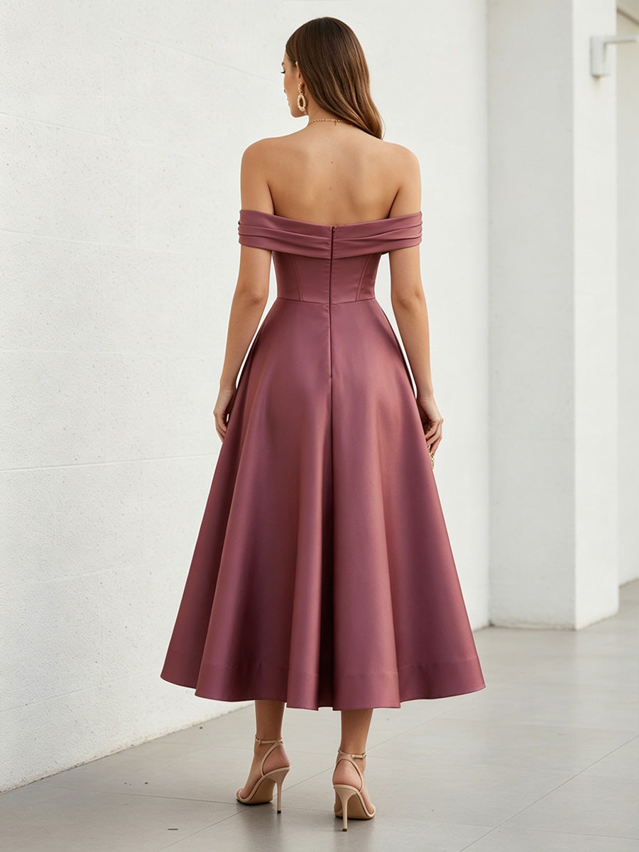 Satin A-Line/Princess Off Shoulder Tea-Length Cocktail Dresses with Pockets