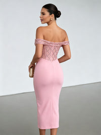 Stretch Mesh Sheath/Column Off Shoulder Tea-Length Cocktail Dresses with Sequin Bodice