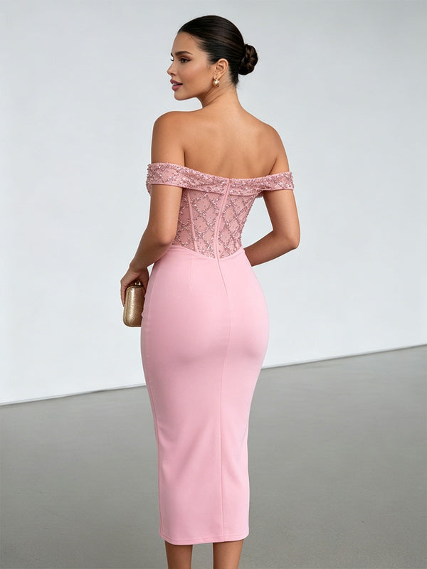 Stretch Mesh Sheath/Column Off Shoulder Tea-Length Cocktail Dresses with Sequin Bodice