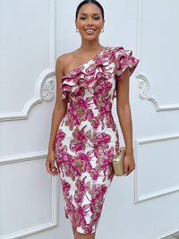 Jacquard Sheath/Column One Shoulder Tea-Length Cocktail Dresses with Ruffles