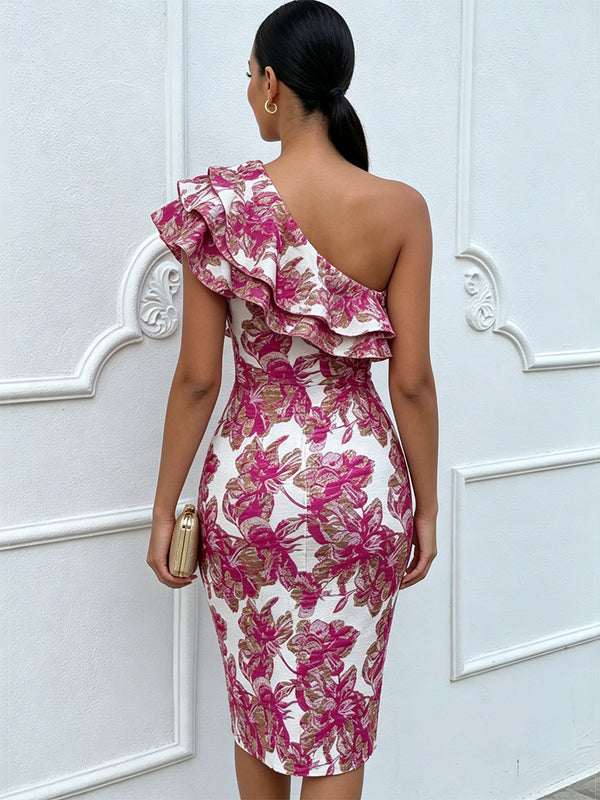 Jacquard Sheath/Column One Shoulder Tea-Length Cocktail Dresses with Ruffles