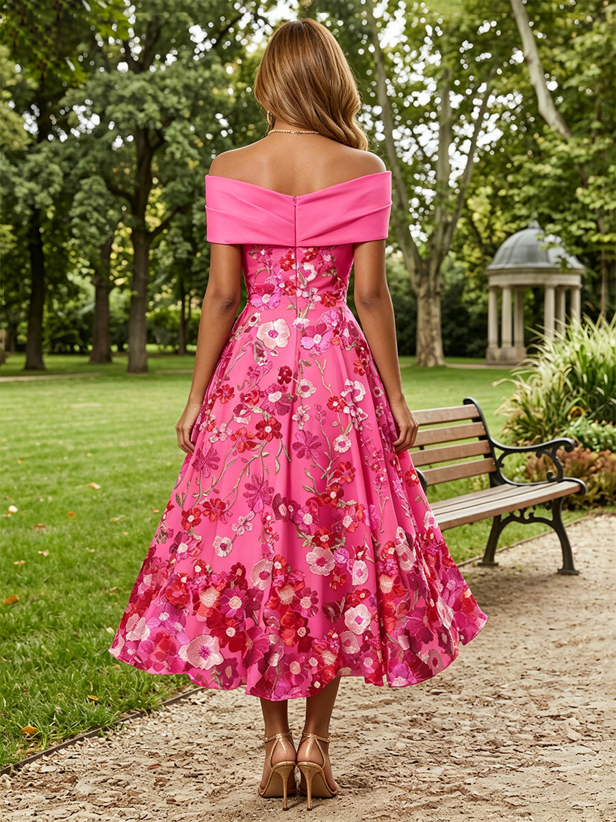 Satin A-Line/Princess Off Shoulder Tea-Length Cocktail Dresses with Appliques