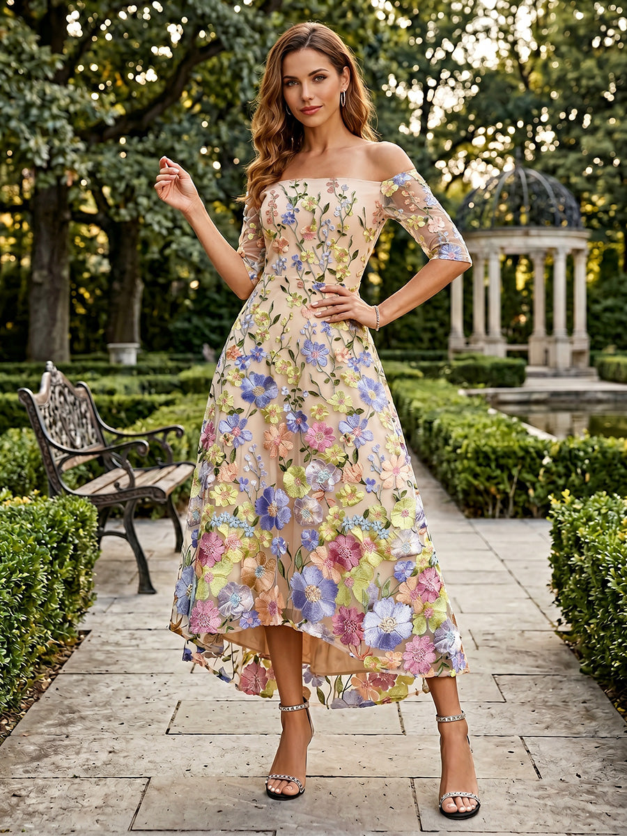 Lace Embroidery A-Line/Princess Off Shoulder Tea-Length Cocktail Dresses for Women