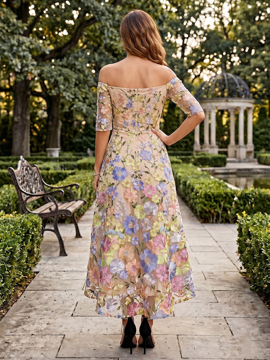 Lace Embroidery A-Line/Princess Off Shoulder Tea-Length Cocktail Dresses for Women