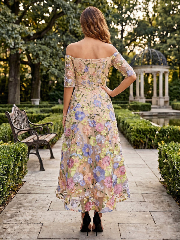 Lace Embroidery A-Line/Princess Off Shoulder Tea-Length Cocktail Dresses for Women