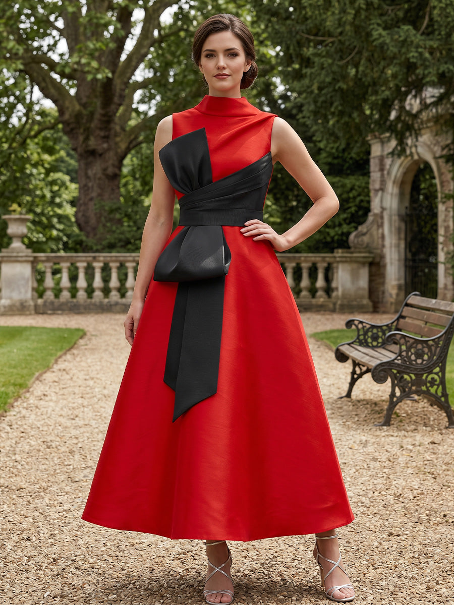 Satin A-Line/Princess High Neck Floor-Length Cocktail Dresses with Bow