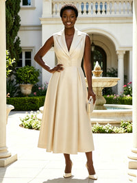 Satin A-Line/Princess V-Neck Tea-Length Cocktail Dresses with Ruched Waist