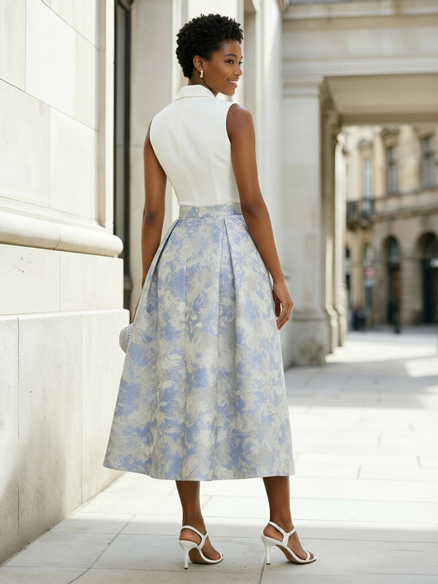 Floral Print A-Line/Princess V-Neck Tea-Length Cocktail Dresses with Satin Bodice