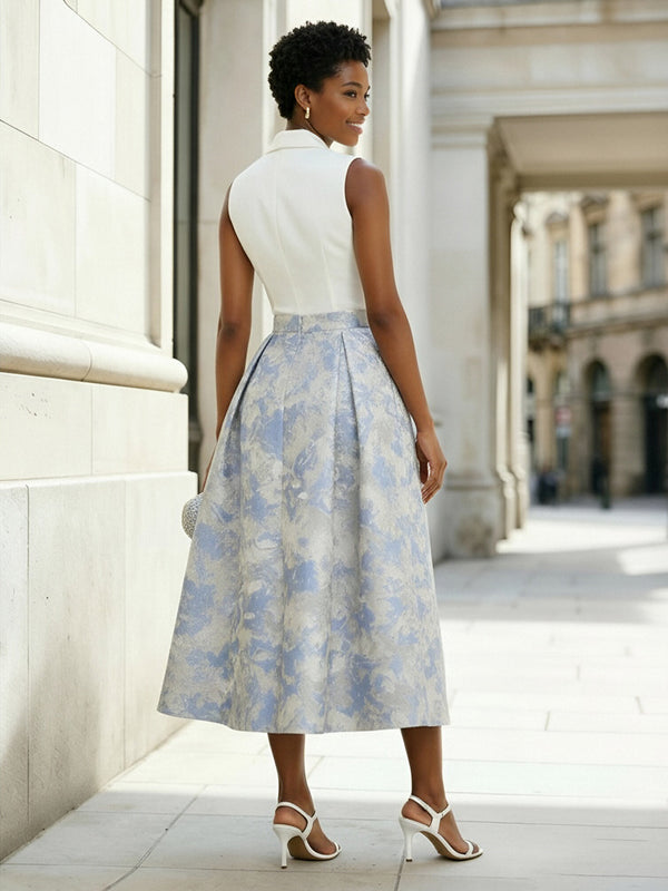 Floral Print A-Line/Princess V-Neck Tea-Length Cocktail Dresses with Satin Bodice
