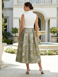 Jacquard A-Line/Princess V-Neck Tea-Length Cocktail Dresses with Satin Bodice