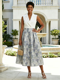 Jacquard A-Line/Princess V-Neck Tea-Length Cocktail Dresses with Satin Bodice
