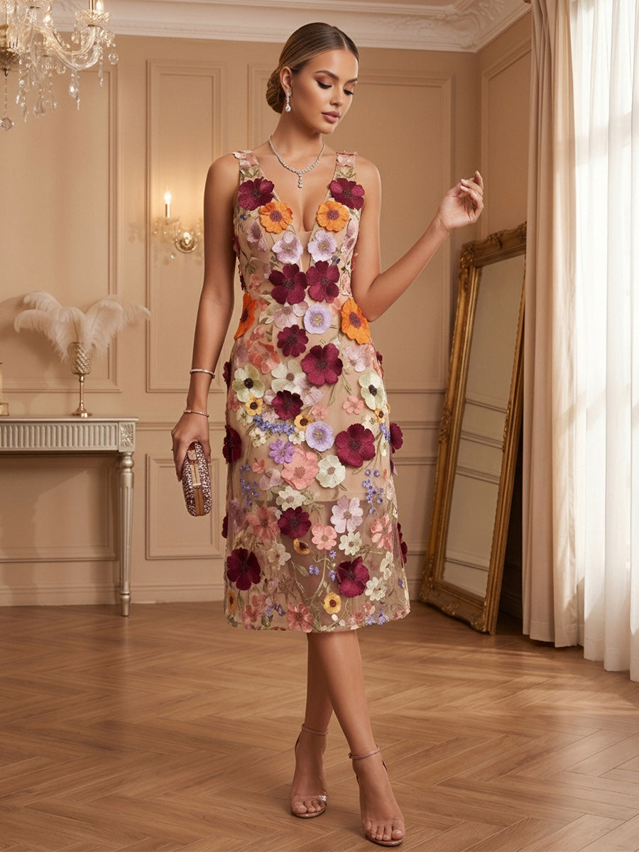 Lace Appliques A-Line/Princess V-Neck Tea-Length Cocktail Dresses for Women