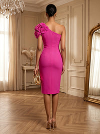 Satin Sheath/Column One Shoulder Tea-Length Cocktail Dresses with 3D Flowers