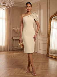 Satin Sheath/Column One Shoulder Tea-Length Cocktail Dresses with 3D Flowers