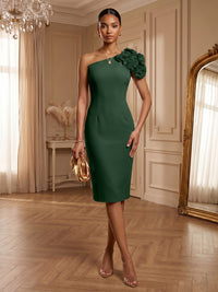 Satin Sheath/Column One Shoulder Tea-Length Cocktail Dresses with 3D Flowers