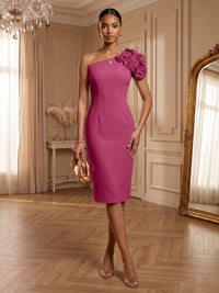 Satin Sheath/Column One Shoulder Tea-Length Cocktail Dresses with 3D Flowers
