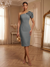Satin Sheath/Column One Shoulder Tea-Length Cocktail Dresses with 3D Flowers