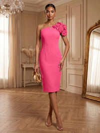 Satin Sheath/Column One Shoulder Tea-Length Cocktail Dresses with 3D Flowers