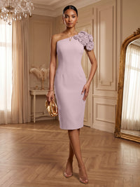 Satin Sheath/Column One Shoulder Tea-Length Cocktail Dresses with 3D Flowers