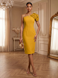 Satin Sheath/Column One Shoulder Tea-Length Cocktail Dresses with 3D Flowers