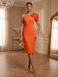 Satin Sheath/Column One Shoulder Tea-Length Cocktail Dresses with 3D Flowers