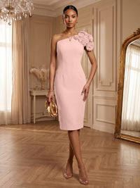 Satin Sheath/Column One Shoulder Tea-Length Cocktail Dresses with 3D Flowers