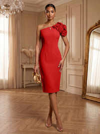 Satin Sheath/Column One Shoulder Tea-Length Cocktail Dresses with 3D Flowers