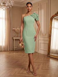 Satin Sheath/Column One Shoulder Tea-Length Cocktail Dresses with 3D Flowers