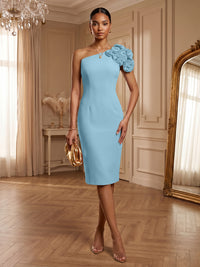 Satin Sheath/Column One Shoulder Tea-Length Cocktail Dresses with 3D Flowers