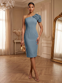 Satin Sheath/Column One Shoulder Tea-Length Cocktail Dresses with 3D Flowers