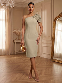 Satin Sheath/Column One Shoulder Tea-Length Cocktail Dresses with 3D Flowers