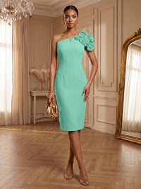 Satin Sheath/Column One Shoulder Tea-Length Cocktail Dresses with 3D Flowers