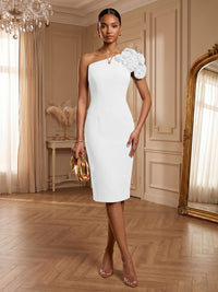 Satin Sheath/Column One Shoulder Tea-Length Cocktail Dresses with 3D Flowers