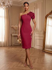 Satin Sheath/Column One Shoulder Tea-Length Cocktail Dresses with 3D Flowers
