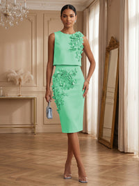 Satin Sheath/Column Scoop Neck Tea-Length Cocktail Dresses with 3D Flowers