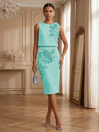 Satin Sheath/Column Scoop Neck Tea-Length Cocktail Dresses with 3D Flowers