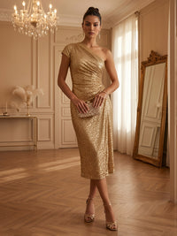 Sequin Sheath/Column One Shoulder Tea-Length Cocktail Dresses with Ruched Waist