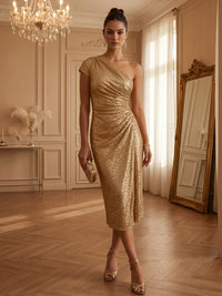 Sequin Sheath/Column One Shoulder Tea-Length Cocktail Dresses with Ruched Waist