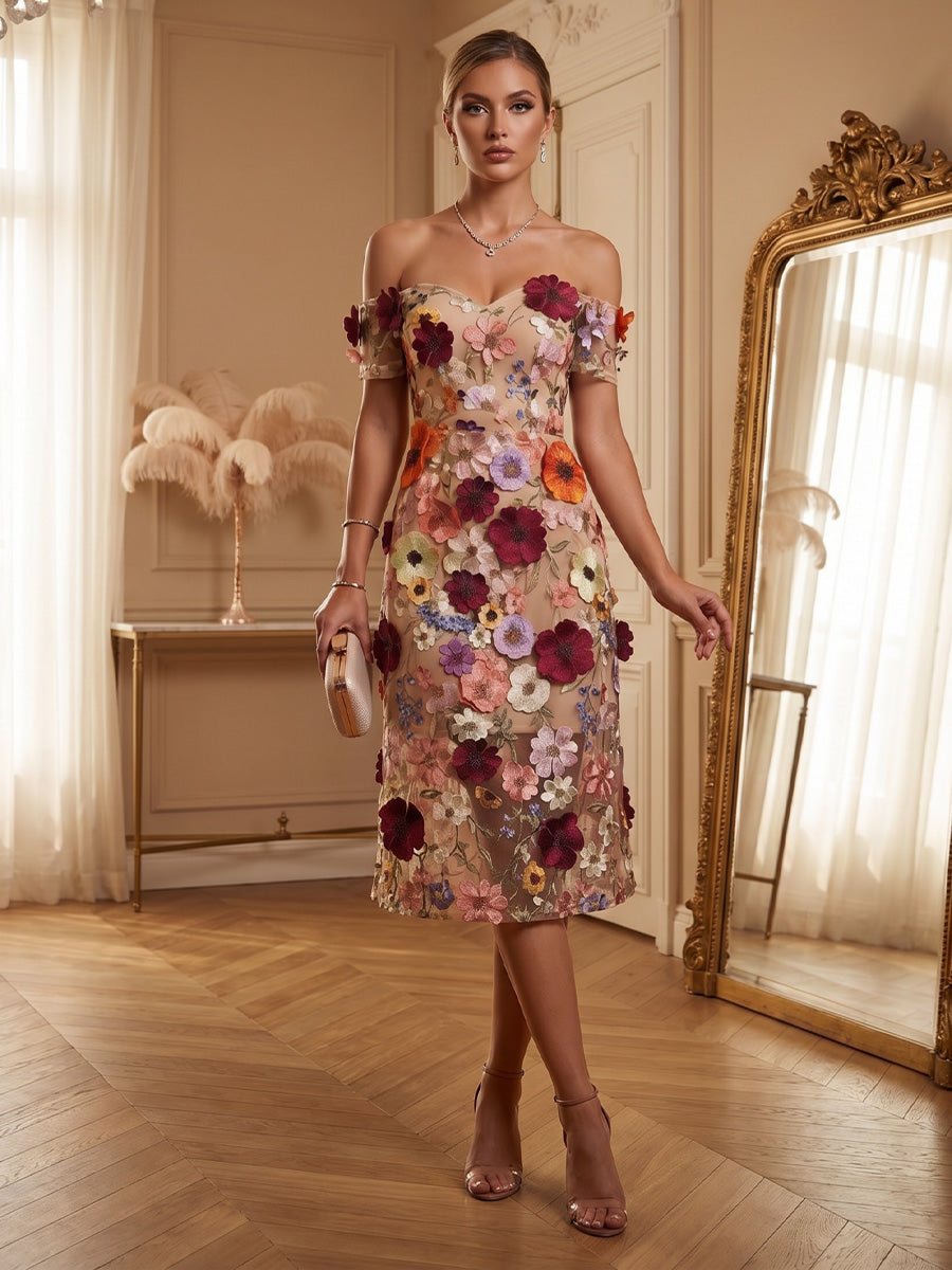 Lace Appliques Sheath/Column Off Shoulder Tea-Length Cocktail Dresses for Women