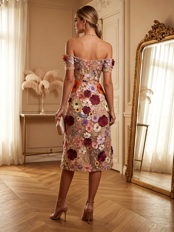 Lace Appliques Sheath/Column Off Shoulder Tea-Length Cocktail Dresses for Women