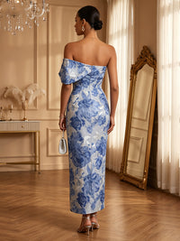 Floral Print Sheath/Column One Shoulder Floor-Length Cocktail Dresses with Bow