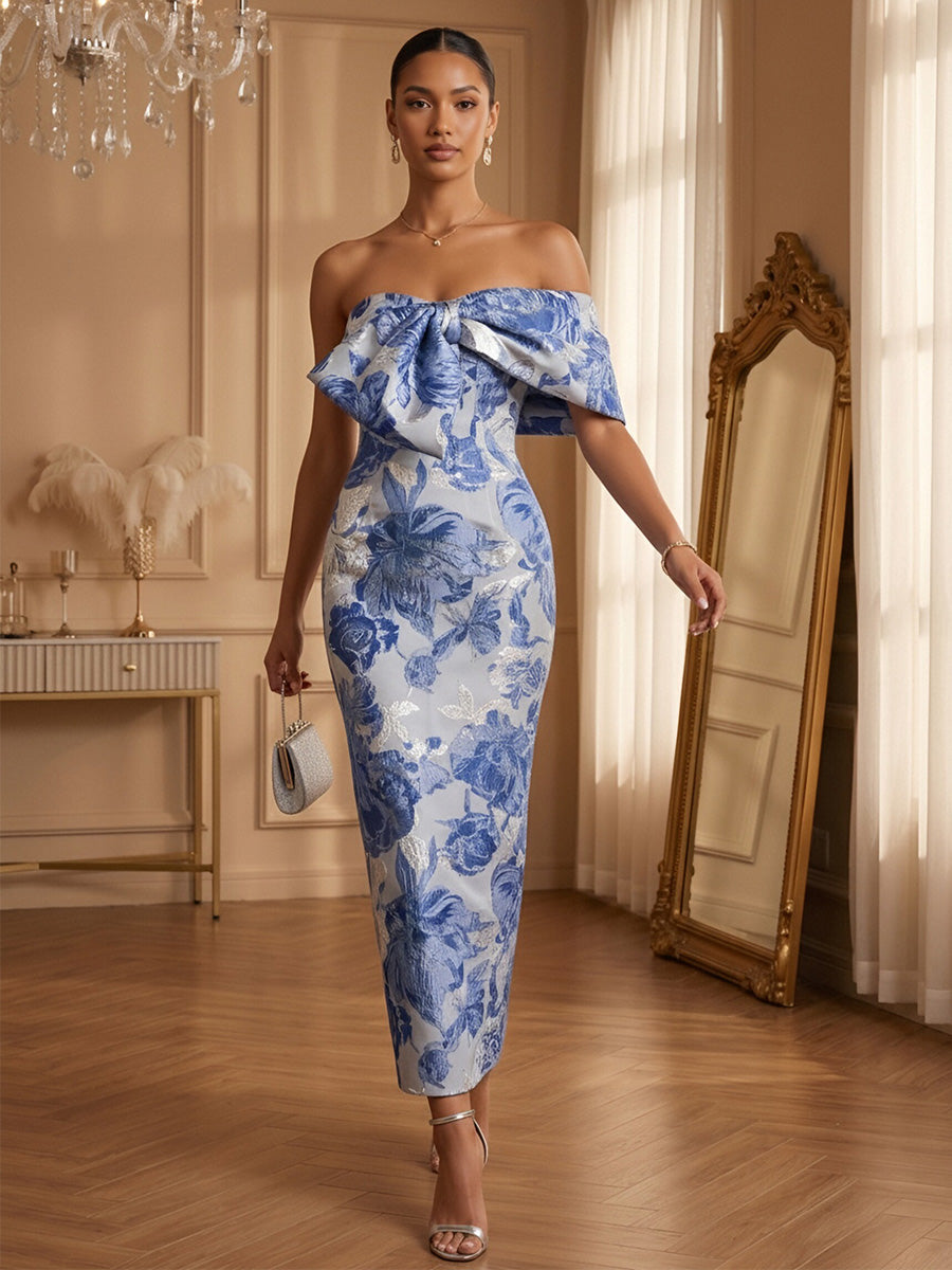 Floral Print Sheath/Column One Shoulder Floor-Length Cocktail Dresses with Bow