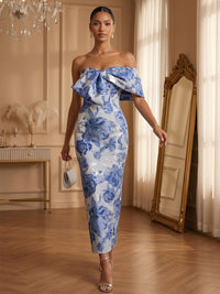 Floral Print Sheath/Column One Shoulder Floor-Length Cocktail Dresses with Bow