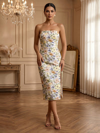 Appliques Sheath/Column Strapless Tea-Length Cocktail Dresses with Slit